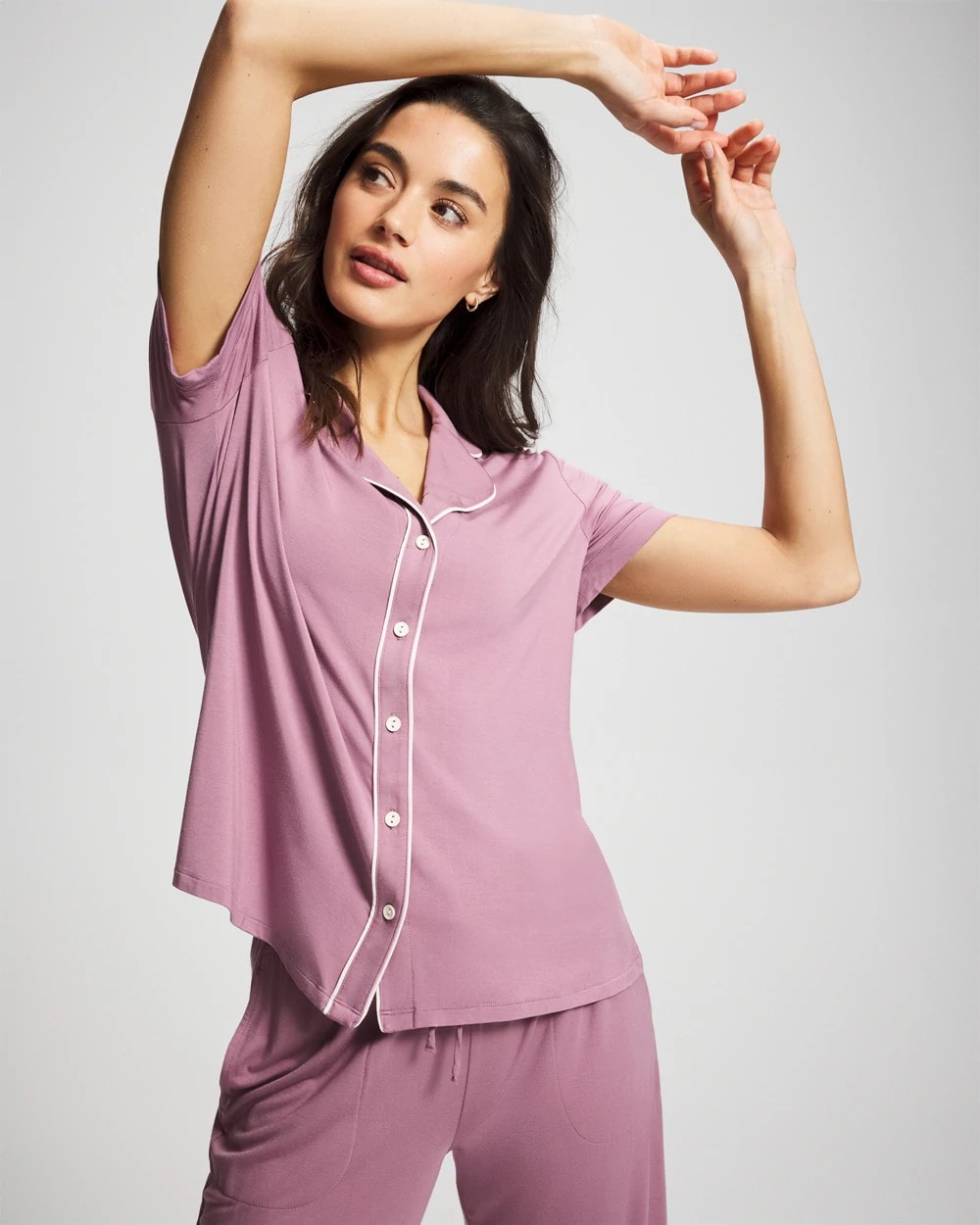 Piped Short Sleeve Notch Collar Pajama Top | Soma